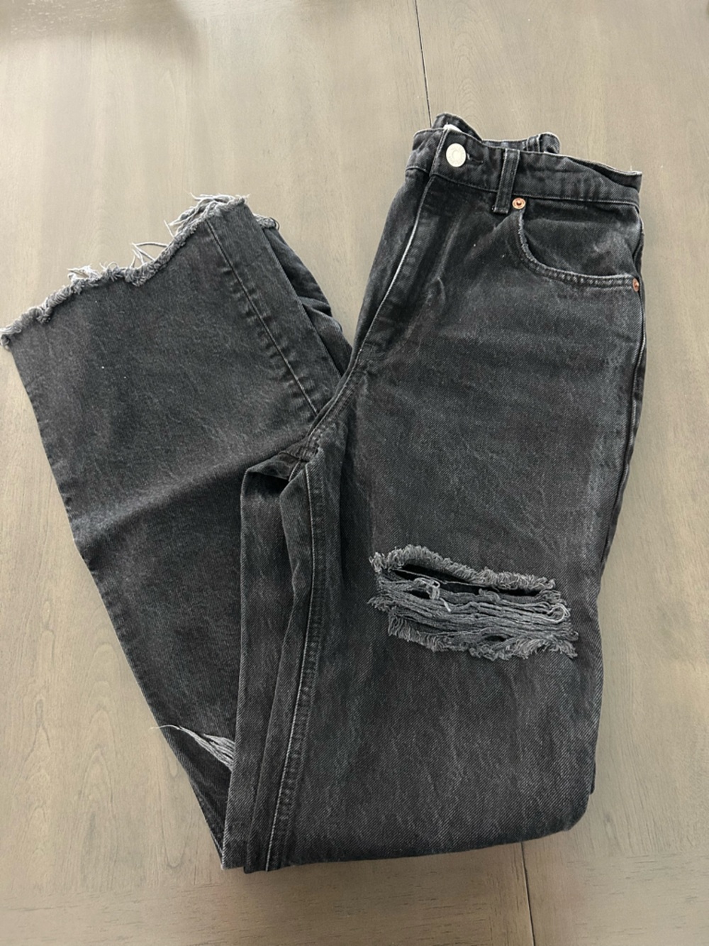 Zara High Waisted Straight Leg Ripped Jeans